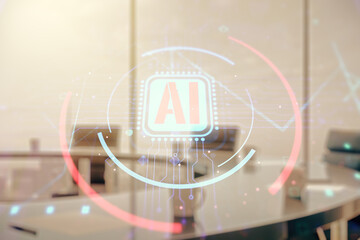 Aufkleber - Double exposure of creative artificial Intelligence abbreviation hologram on a modern boardroom background. Future technology and AI concept