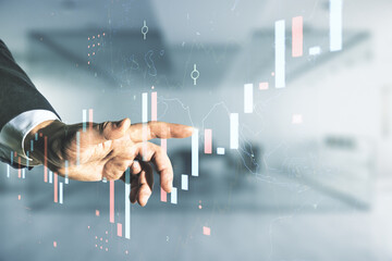 Aufkleber - Multi exposure of analyst hand with pen working with virtual abstract financial diagram on blurred office background, banking and accounting concept