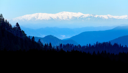 Wall Mural - Beautiful landscape with cascade blue mountains at the morning - View of wilderness mountains during foggy weather