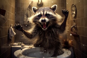 Wall Mural - An angry racoon in toilet. Generative AI.