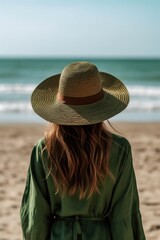 Wall Mural - A woman with a hat walking down the beach, in the style of green and brown. Generative AI.