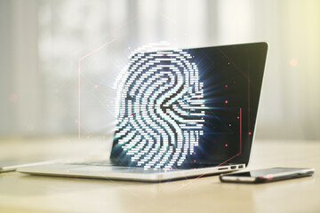 Aufkleber - Multi exposure of abstract fingerprint scan interface on computer background, digital access concept