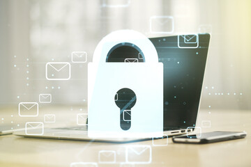 Poster - Creative lock sketch with email symbols hologram on modern laptop background, protection of personal data concept. Multiexposure
