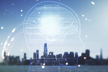 Poster - Double exposure of creative artificial Intelligence hologram on San Francisco city skyscrapers background. Neural networks and machine learning concept