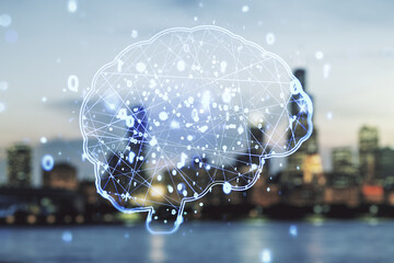 Poster - Virtual creative artificial Intelligence hologram with human brain sketch on blurry skyline background. Multiexposure