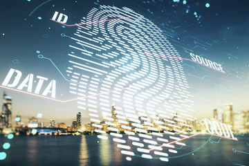 Aufkleber - Multi exposure of virtual fingerprint scan interface on Chicago office buildings background, digital access concept