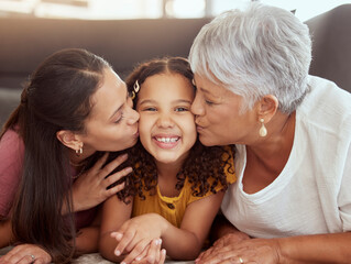 Sticker - Portrait, mom and and kiss with grandmother and kid on floor of living room for bonding, smile and love. Happiness, trust and generations with women and girl in family home for solidarity and support