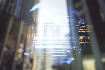 Poster - Multi exposure of abstract programming language hologram and world map on blurry cityscape background, artificial intelligence and neural networks concept