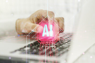 Poster - creative artificial intelligence symbol concept with hands typing on computer keyboard on background