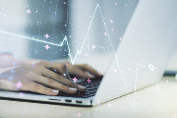 Poster - Creative abstract heart pulse hologram and hands typing on computer keyboard on background, online medical consulting concept. Multiexposure