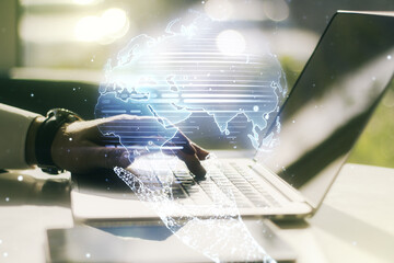 Aufkleber - Multi exposure of abstract creative digital world map and hands typing on computer keyboard on background, tourism and traveling concept