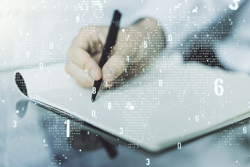 Poster - Abstract creative coding illustration with world map and man hand writing in diary on background, international software development concept. Multiexposure