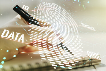 Aufkleber - Abstract creative fingerprint concept with woman hand writing in notebook on background. Multiexposure