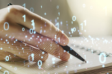 Poster - Creative abstract binary code hologram and man hand writing in diary on background, AI and machine learning concept. Multiexposure
