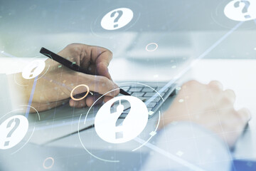 Aufkleber - Creative concept of question mark illustration and hand writing in notebook on background with laptop. FAQ and search concept. Multiexposure