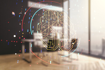 Poster - Double exposure of creative artificial Intelligence symbol and modern desktop with laptop on background. Neural networks and machine learning concept