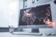 © Pixels Hunter - Double exposure of abstract digital world map and modern desk with computer on background, big data and blockchain concept