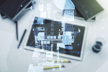 Poster - Double exposure of creative artificial Intelligence symbol and digital tablet on background, top view. Neural networks and machine learning concept
