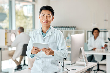 Poster - Asian man, tablet and portrait of a scientist in laboratory, hospital or research for medicine, chemistry or innovation. Doctor, technology and medical worker with smile in clinic or science lab