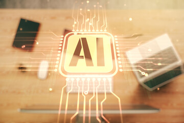 Poster - Creative artificial Intelligence symbol concept with modern laptop on background. Multiexposure