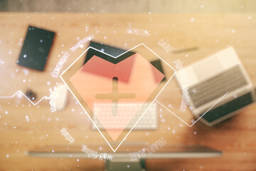 Poster - Creative abstract heart rate sketch on modern laptop background, Medicine and healthcare concept. Multiexposure