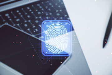 Aufkleber - Multi exposure of abstract graphic fingerprint sketch on modern computer background, fingerprint scan data concept