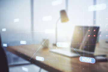 Poster - Double exposure of abstract creative programming illustration on computer background, big data and blockchain concept