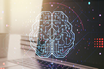 Poster - Creative artificial Intelligence concept with human brain hologram on modern laptop background. Multiexposure