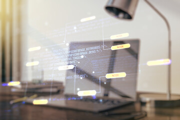 Poster - abstract creative coding concept on modern laptop background. multiexposure