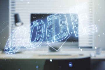 Poster - Creative Code word sign on modern computer background, international software development concept. Multiexposure