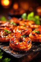 Fresh hot grilled shrimp on the grill. Generative AI