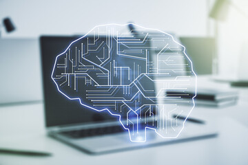Poster - Double exposure of creative human brain microcircuit with computer on background. Future technology and AI concept