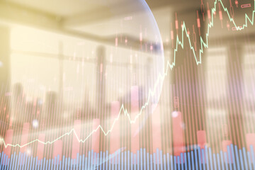 Poster - Multi exposure of virtual abstract financial graph hologram and world map on modern interior background, financial and trading concept