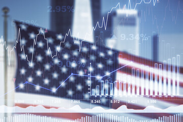 Poster - Multi exposure of abstract virtual financial graph hologram on USA flag and blurry cityscape background, forex and investment concept