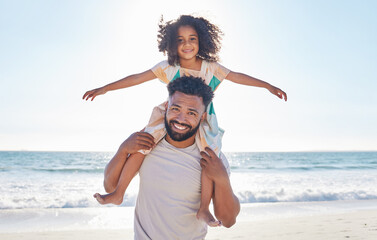 Canvas Print - Father, child and piggyback on the beach for summer vacation or holiday love or family and kid smile on a seaside for quality bonding time. Happy, dad and kid relax on nature or travel adventure