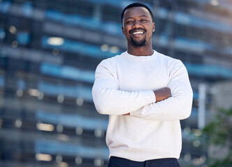 Poster - City, happy and portrait of a black man with arms crossed for work, creative expert and happiness. Smile, graphic designer and an African businessman in an urban town with confidence and proud