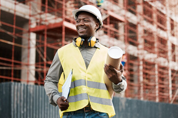 Poster - architect, black man and thinking outdoor at construction site building with a smile for future. hap