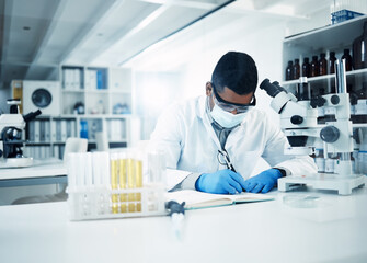 Aufkleber - Man, scientist and writing notes in research for discovery, breakthrough innovation and information at lab. Male person, science professional and notebook for scientific data of results in laboratory