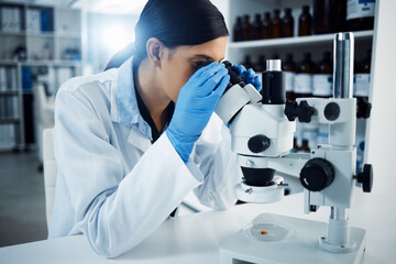 Aufkleber - Woman, scientist and microscope, study and analysis, check DNA sample and science experiment in laboratory. Female doctor analyze data, scientific innovation and medical research with knowledge
