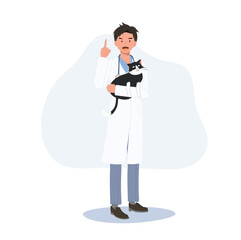 Wall Mural - Full length of male Veterinarian Hugging cat and giving information suggestion. Profession veterinarian. man vet holds a cat. Flat vector cartoon illustration