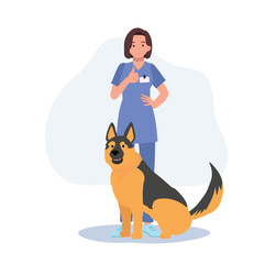 Wall Mural - Full length of female Veterinarian with dogs. Profession veterinarian showing thumb up as good service. woman vet with dogs. Flat vector cartoon illustration