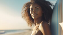 Beautiful Black Woman With Surfboard On A Beach At Sunrise Generative Ai