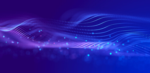 Fototapete - Big data visualization. The musical stream of sounds. Abstract background with interweaving of dots . 3D rendering.