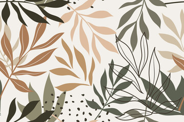 Wall Mural - Modern tropical leaves in pastel colors and plants on a horizontal white background create a seamless pattern. 