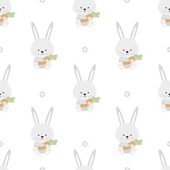 Wall Mural - Cute bunnies with carrots and flowers. Childish pattern with rabbits and carrots. Print for newborn girl or boy.