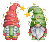 Fototapeta Dinusie - Christmas watercolor gnomes with garland. Winter dwarf Gnome isolated on white background, for printing greeting cards invitations, prints, banners etc.