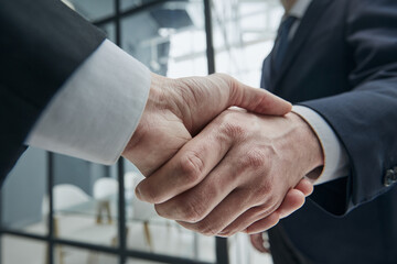 Business partners shaking hands in meeting hall