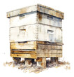 © Pro Hi-Res - Watercolor drawing of a white wooden square bee. Hives for bees. Generative AI.