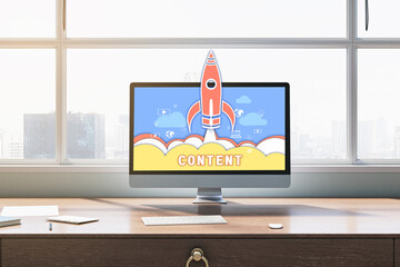 Poster - Close up of laptop with spaceship and content concept at office workplace. Content marketing concepts for web banner and printed materials. Blurry window with city view background. 3D Rendering.