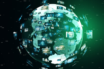 Poster - Creative globe with telecommunication picture icons on green background. Business, video conference, remote group work.